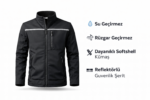 Siyah reflektörlü su ve rüzgar geçirmez softshell iş montu