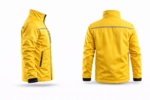Sarı softshell iş montu yan ve arka görünüm reflektör şeritli su geçirmez